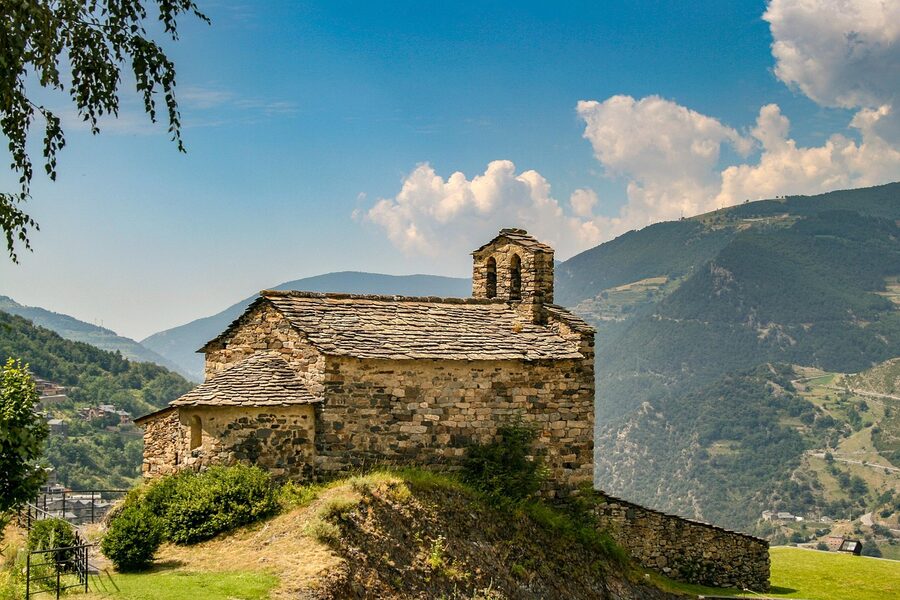 Church and mountains in Andorra Pyrenees landscape