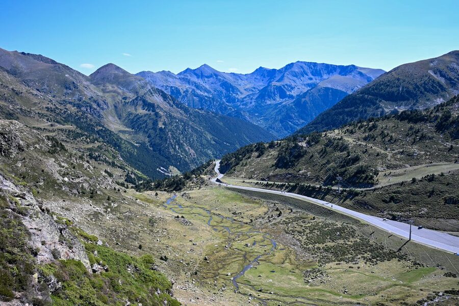Aerial view of winding mountain road through the Pyrenees