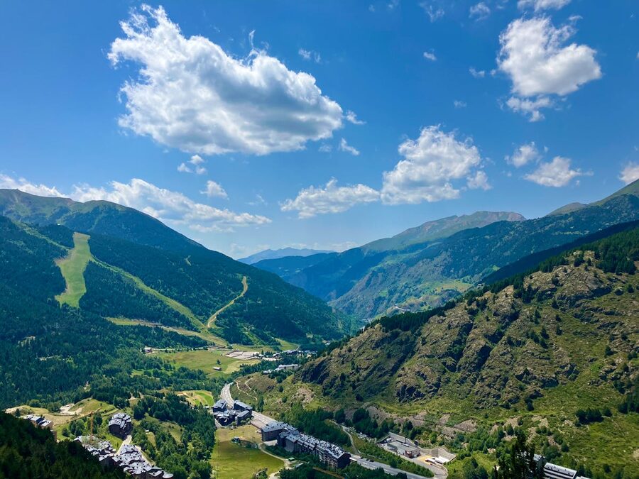 Soldeu valley with mountains in Andorra on a clear day