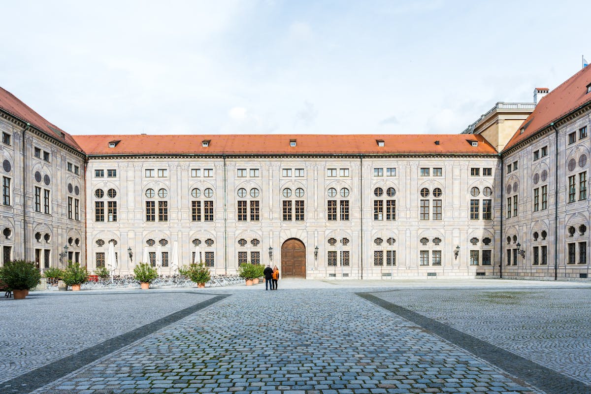 Exterior view of a historic baroque palace courtyard at the Munich Residenz