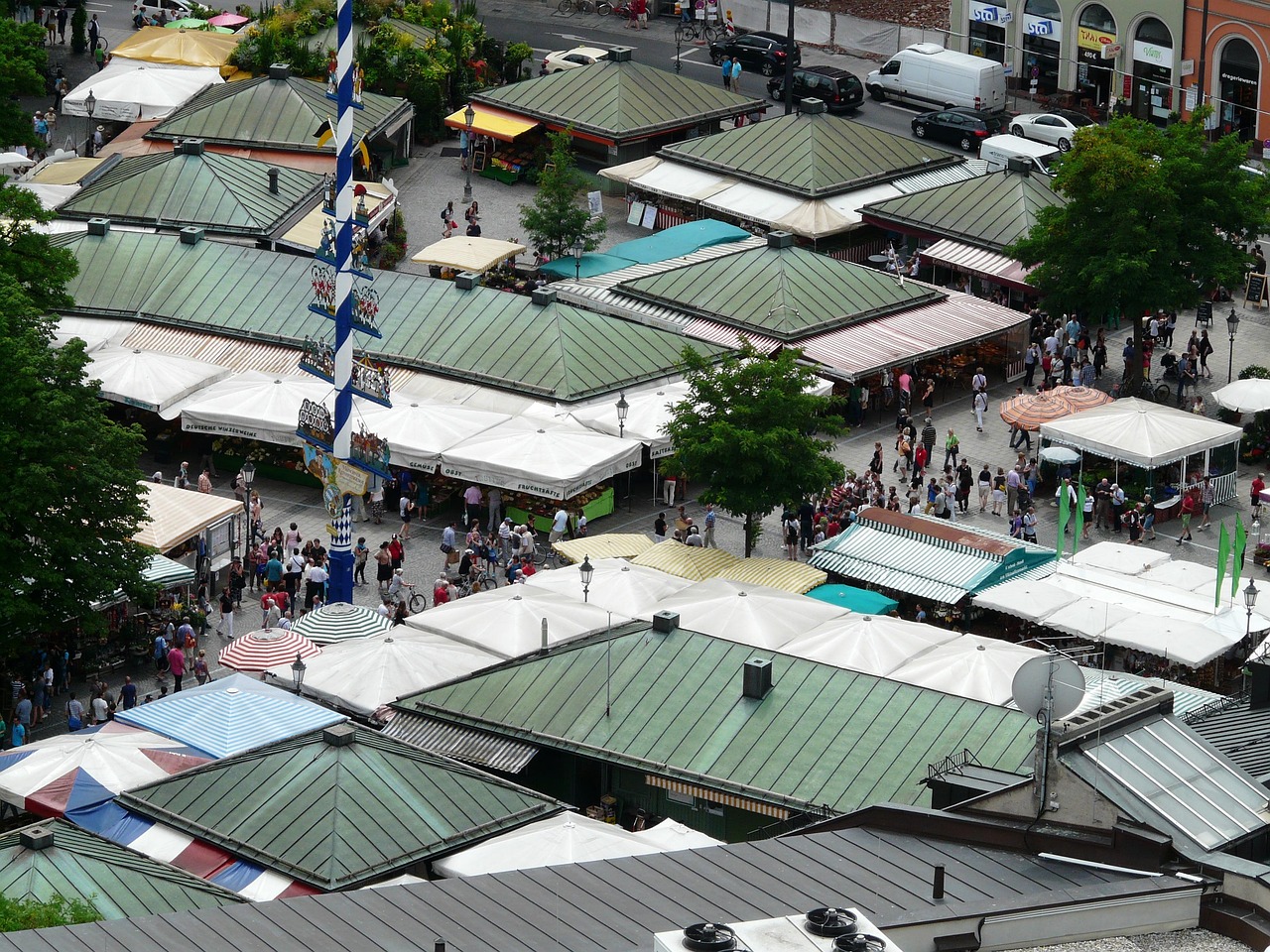 Aerial view of the Viktualienmarkt food market in Munich historic center