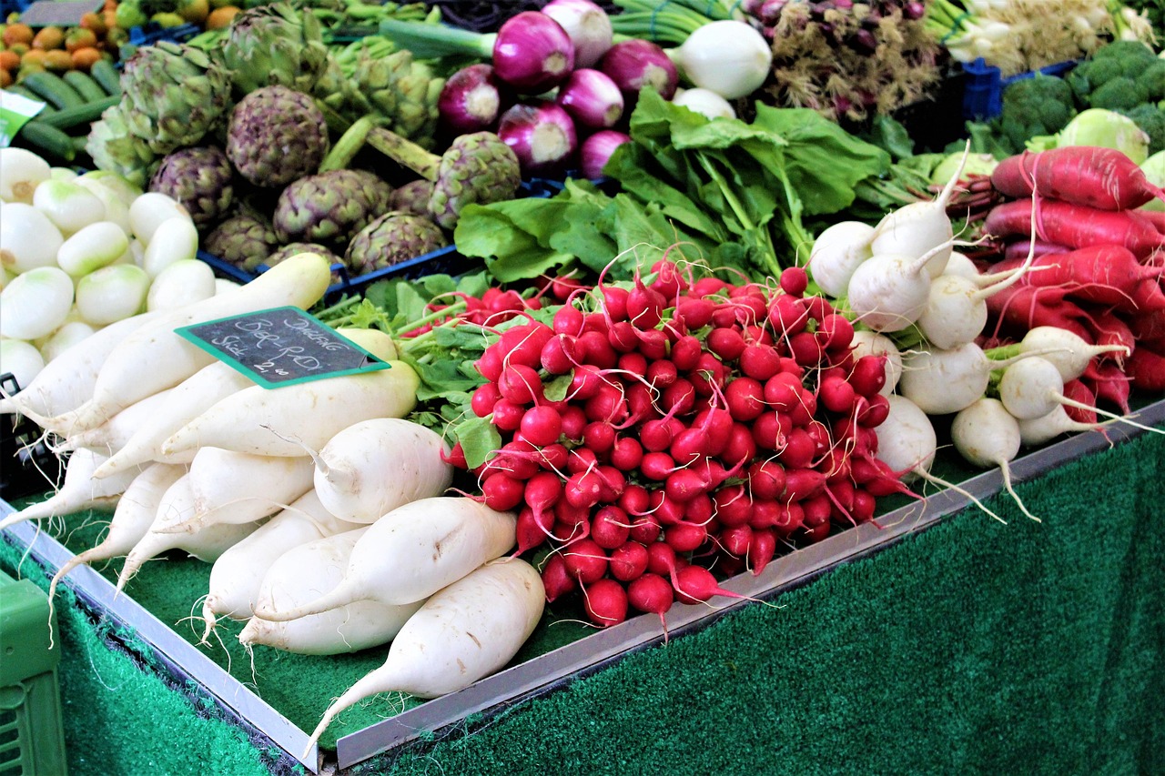 Fresh vegetables and produce at the Viktualienmarkt market in Munich