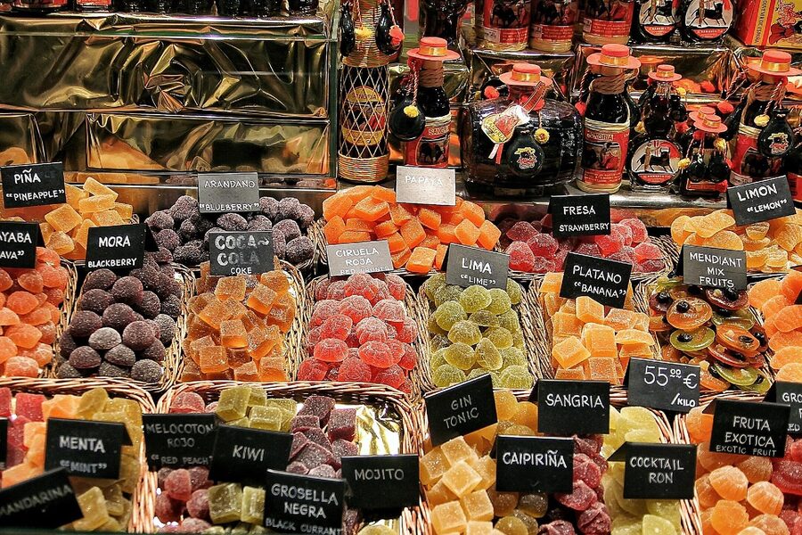 Colorful fruits displayed at La Boqueria market in Barcelona