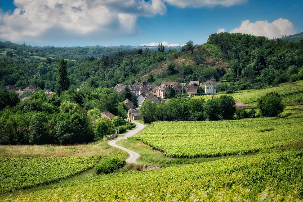 A panoramic view of a small Burgundy village surrounded by vineyards and rolling green hills