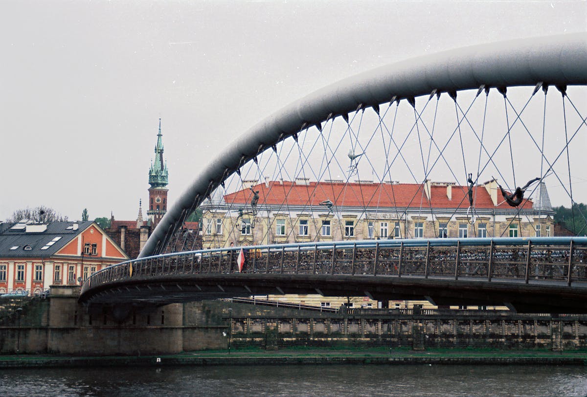 Kladka Bernatka footbridge spanning the Vistula River in Krakow connecting Kazimierz to Podgorze