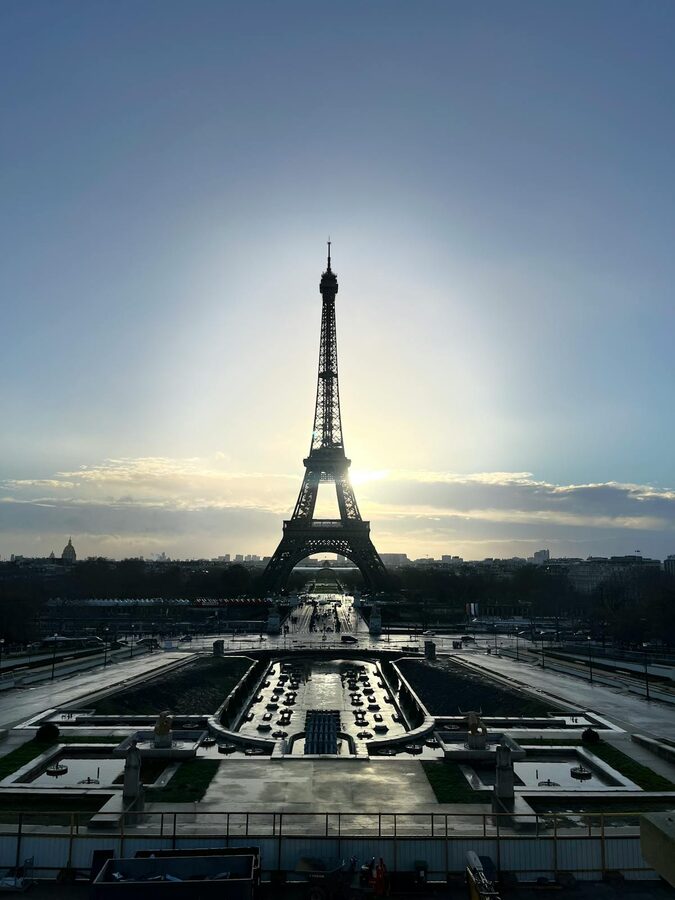 Early morning view of the Eiffel Tower from the Trocadero esplanade