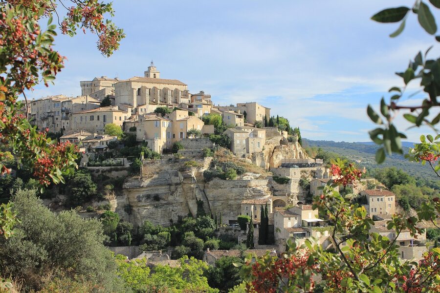 View of Gordes village perched on a hillside in Provence France