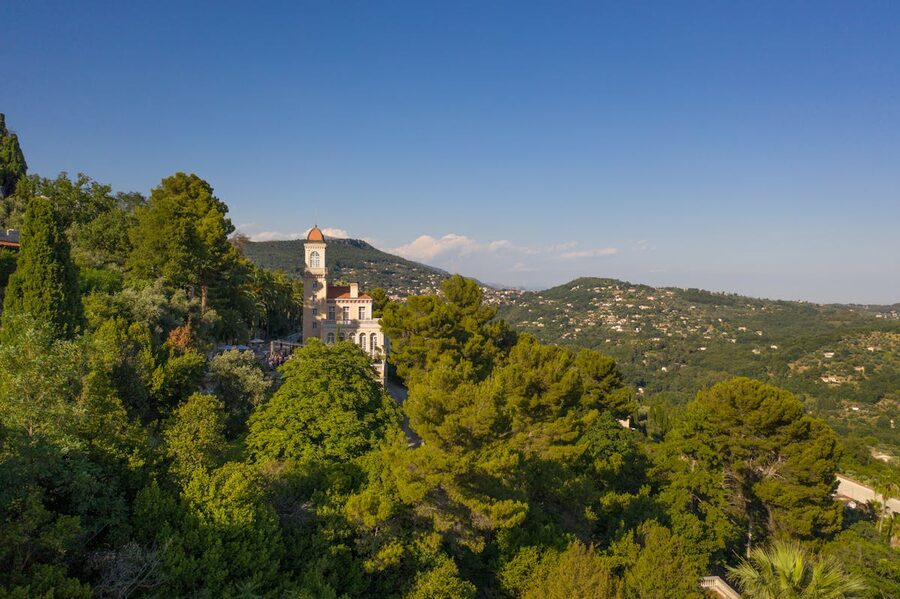 Aerial view of Chateau Saint-Georges in Grasse France surrounded by lush greenery