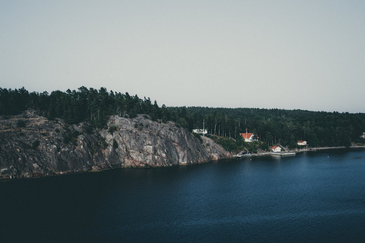 Aerial view of islands and blue water in the Stockholm archipelago