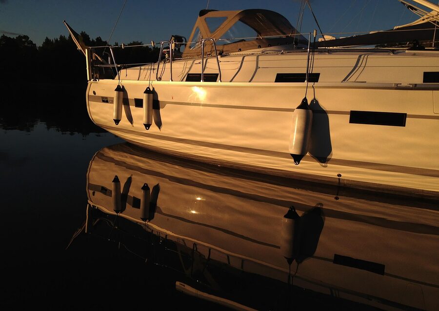 Golden sunset over the Stockholm archipelago with boats and calm water