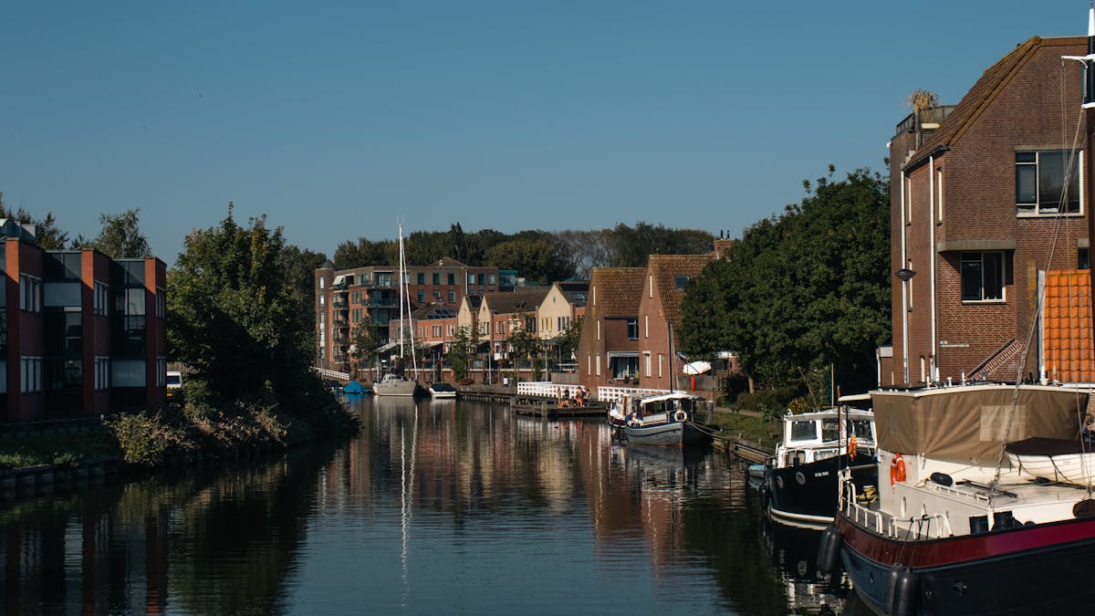Beautiful canal view in Amsterdam with boats and traditional Dutch architecture under a clear sky