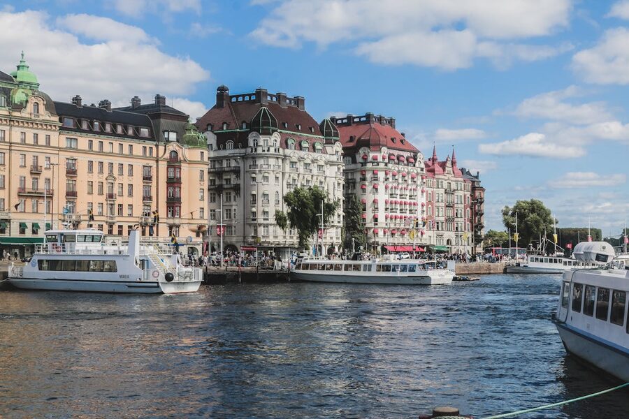 Charming view of Stockholm historic waterfront with architecture and boats