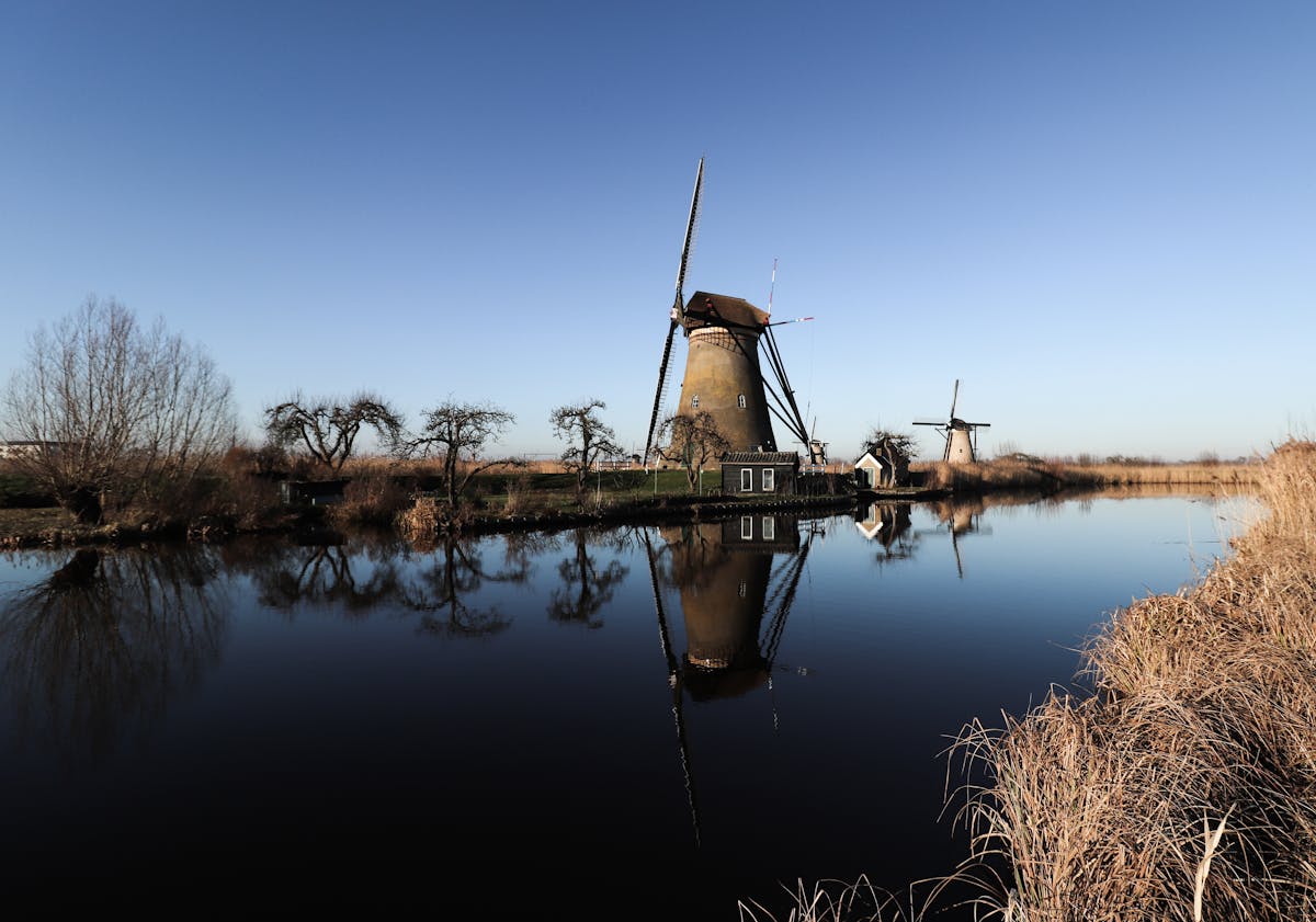 Historic Kinderdijk windmills with reflective river in clear skies showcasing Dutch heritage