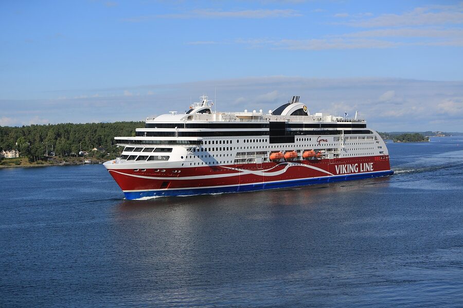 Viking Line ferry passing through the Stockholm archipelago with islands