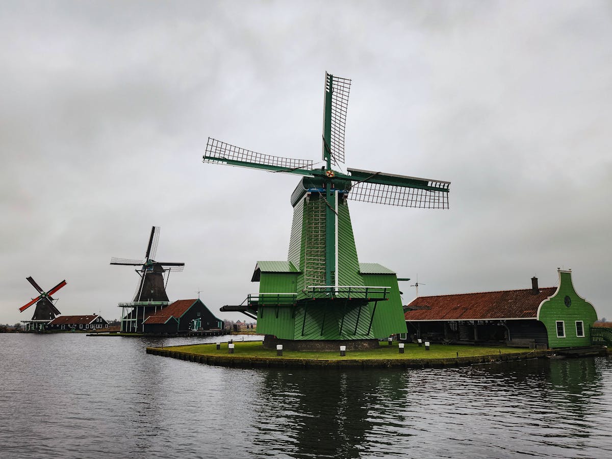 Picturesque windmills and traditional buildings at Zaanse Schans Netherlands