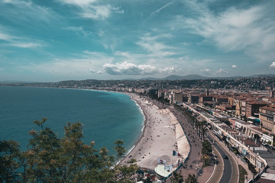 Aerial view of Nice France showing the Promenade des Anglais and Mediterranean coastline