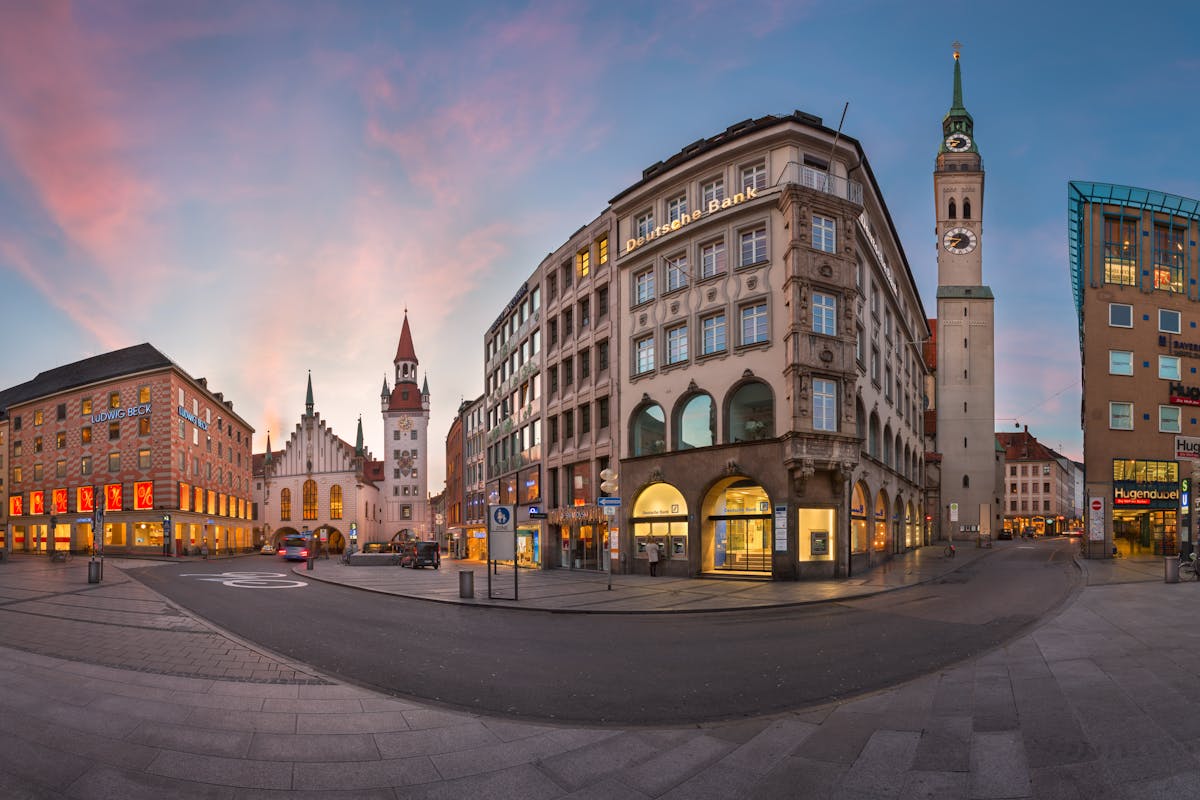 Panoramic view of Marienplatz in Munich with the New Town Hall and clock tower