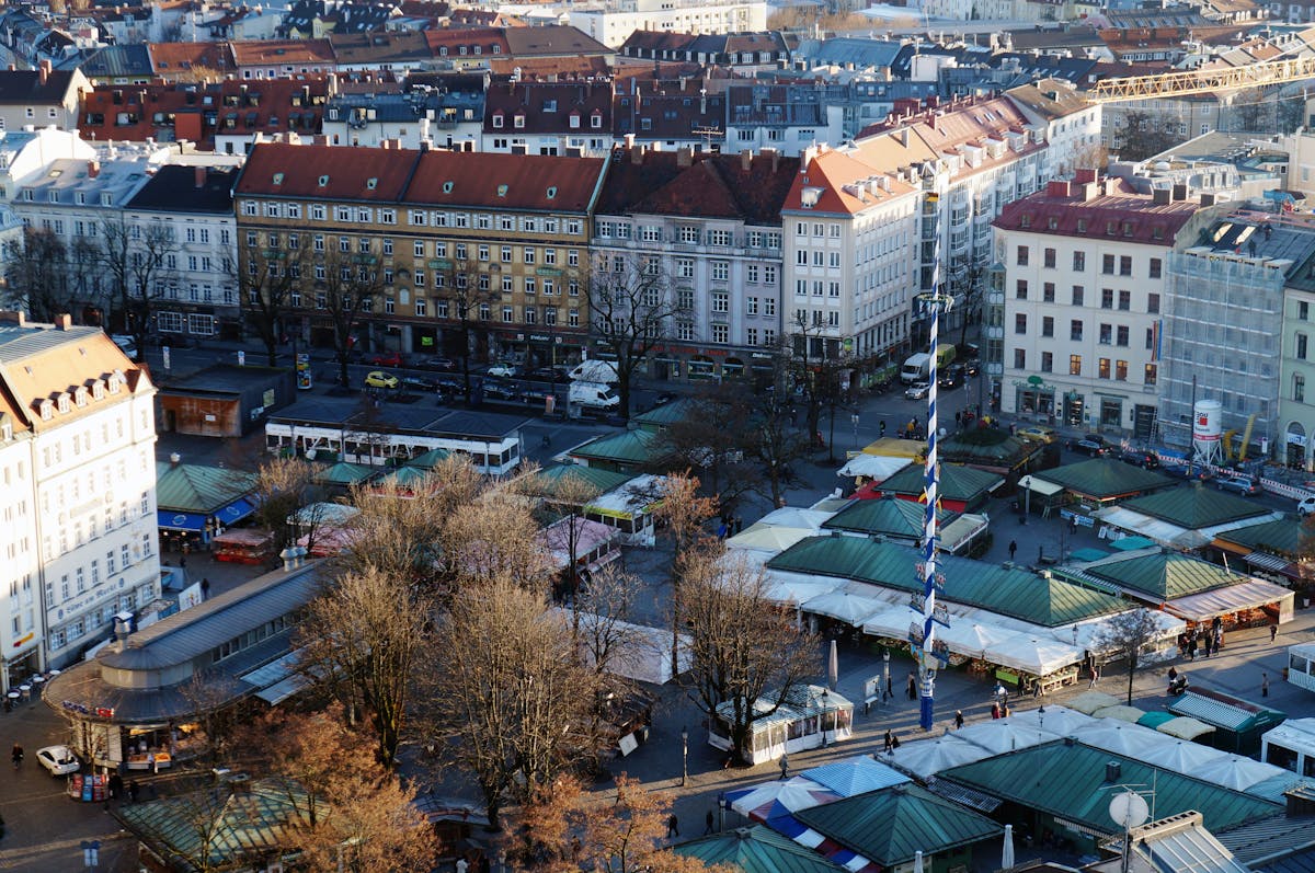 The Viktualienmarkt food market in Munich historic city center