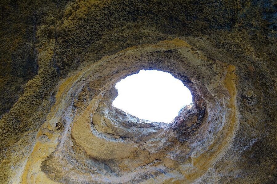 View of Benagil Cave oculus from above on the clifftop