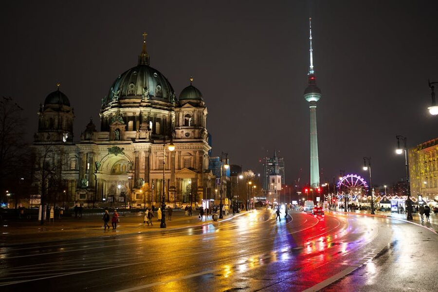 Berlin Cathedral and Fernsehturm at night