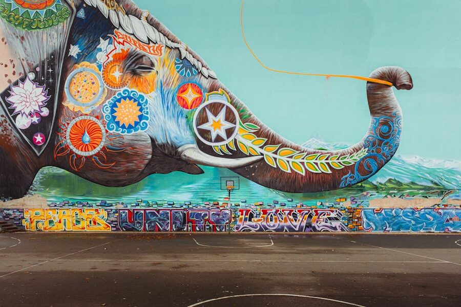 Berlin elephant mural basketball court