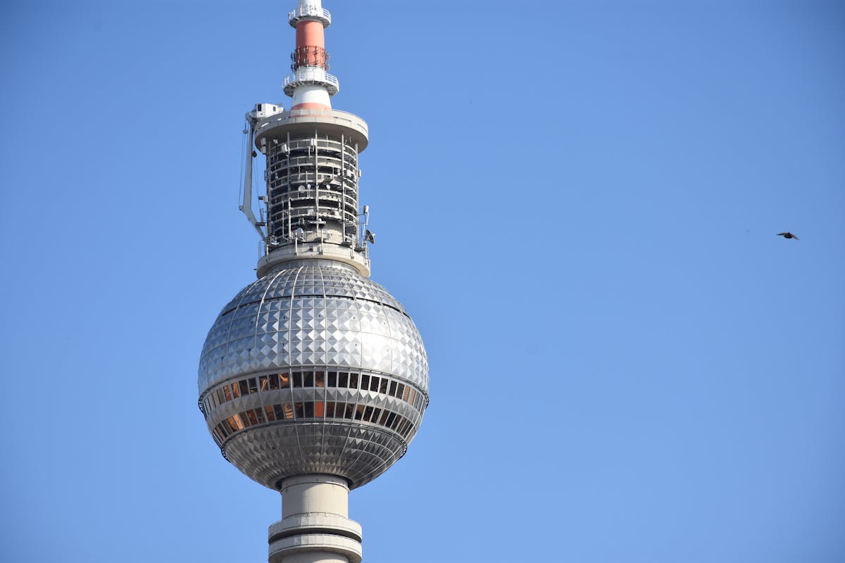 The Fernsehturm Berlin tower photographed against a bright clear sky