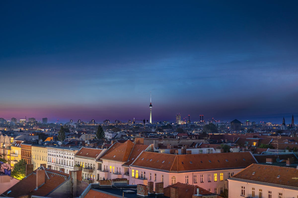 Panoramic view of Berlin illuminated at night with the TV Tower visible