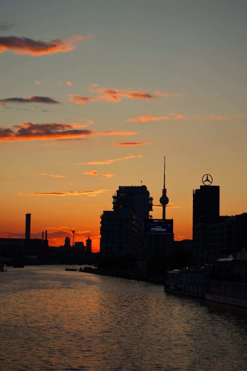 Berlin skyline with the TV Tower and Spree River glowing in golden evening light