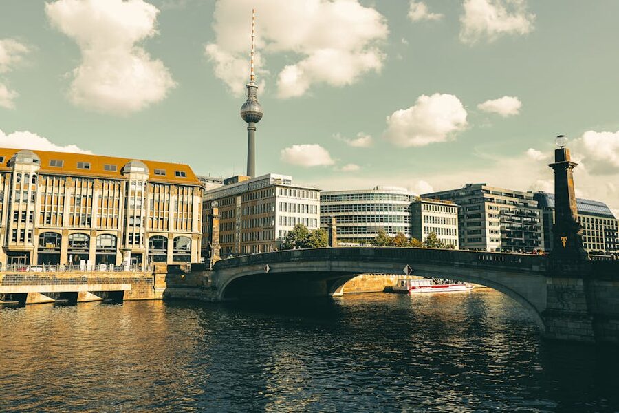 Berlin TV Tower and river view