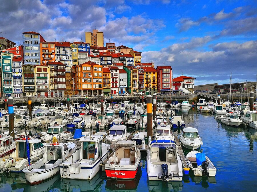 Traditional fishing boats moored in Bermeo port in the Basque Country