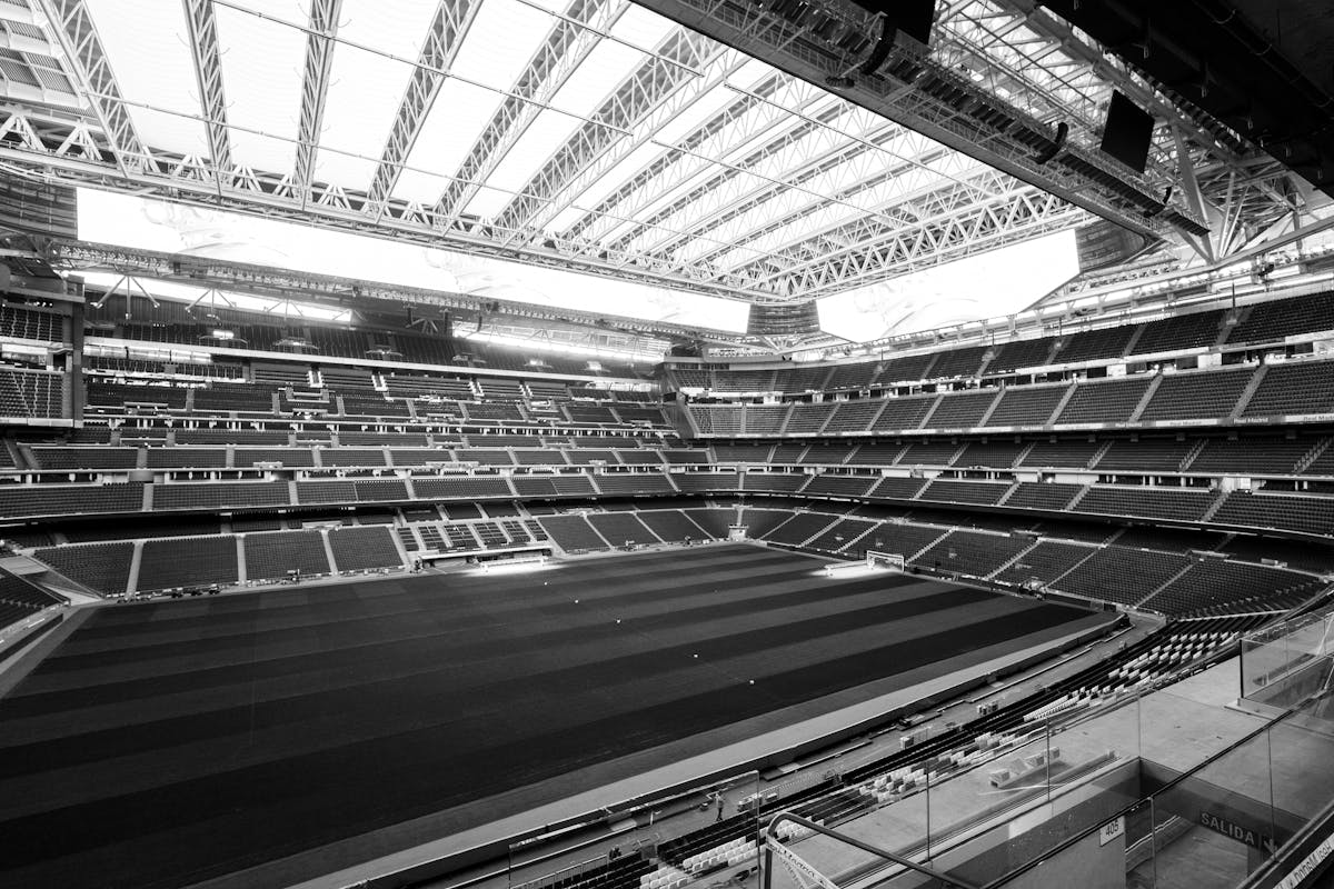 The Santiago Bernabeu Stadium showing its retractable roof structure