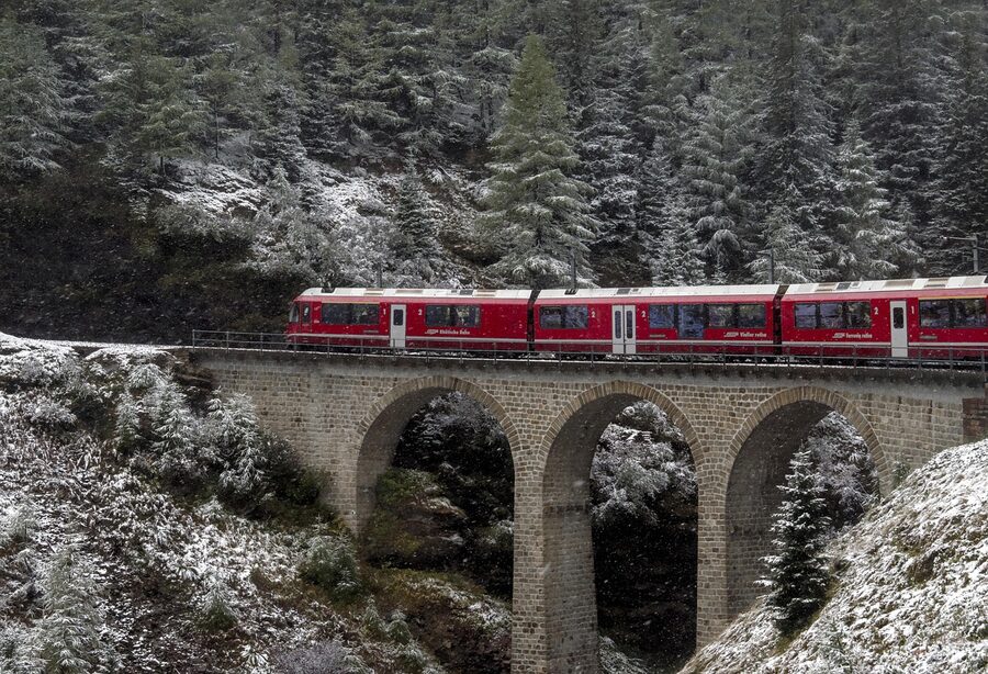 Bernina Express winter Chur viaduct in snow