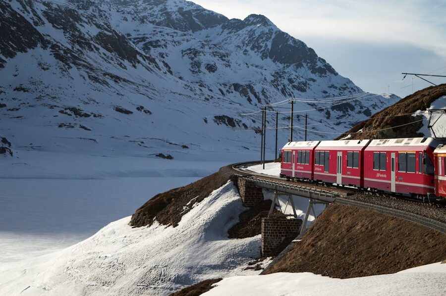 Bernina Express winter through snowy mountains