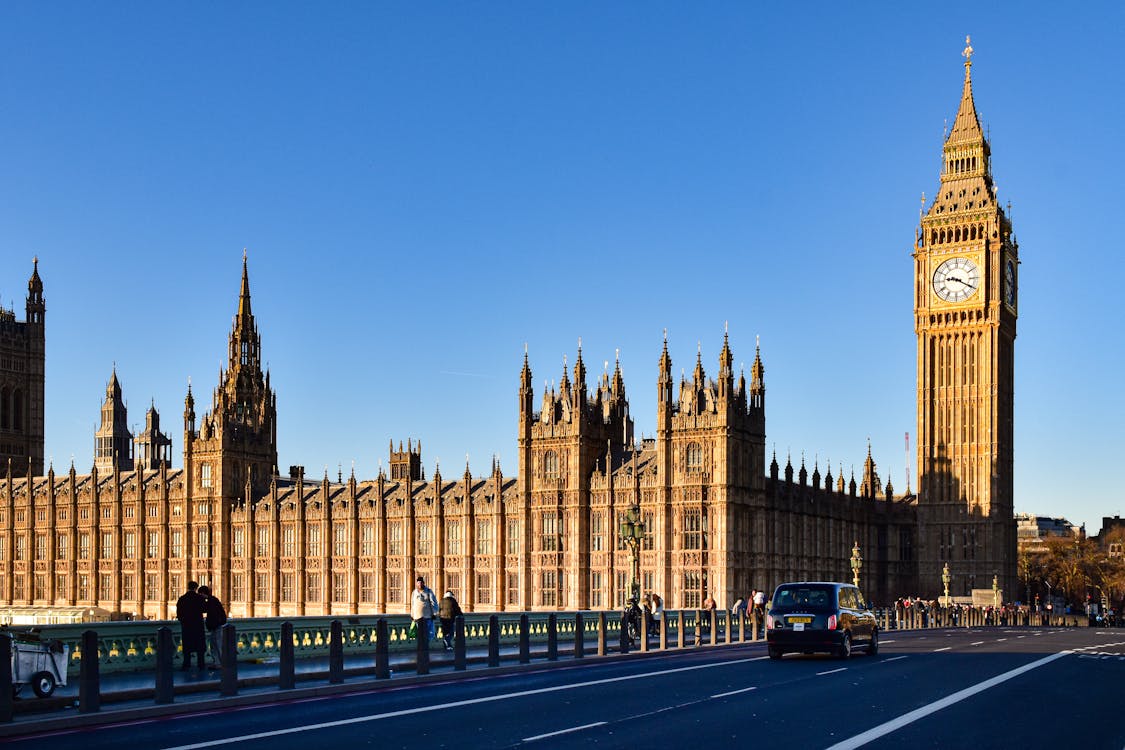 Big Ben clock tower and Westminster Palace against a clear blue sky in London