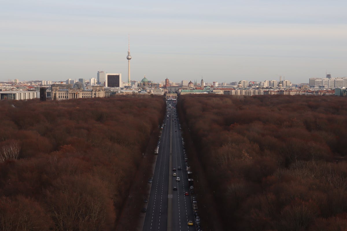 Aerial view of Berlin showing the Tiergarten park and Fernsehturm TV Tower