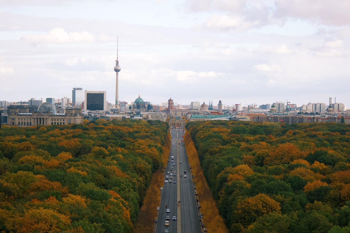 Aerial view of the Tiergarten park in Berlin during autumn with the TV Tower in background