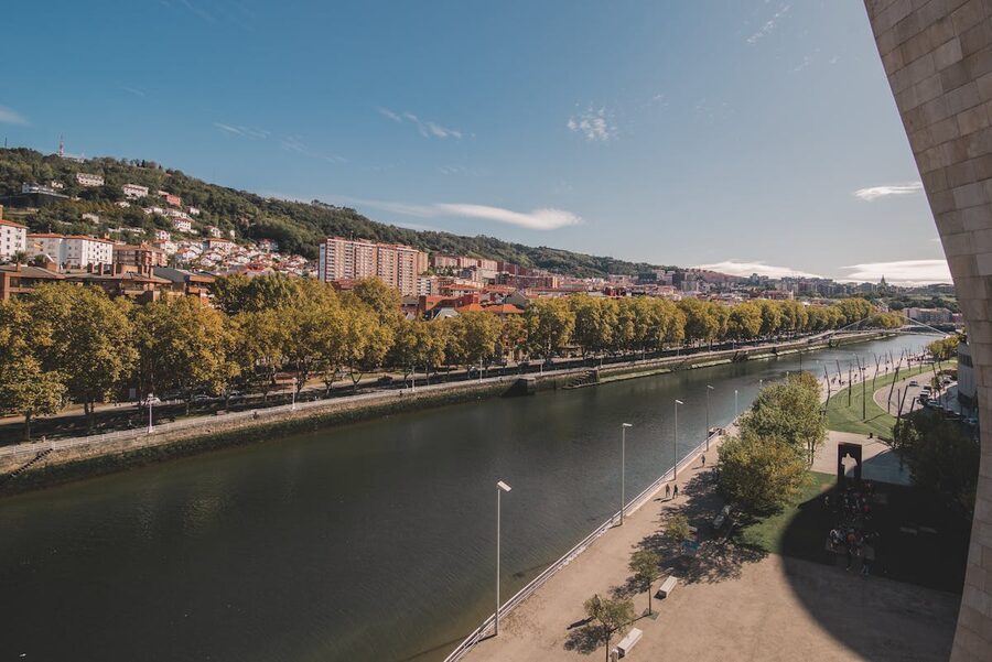 The Nervion river flowing through Bilbao with green trees and city buildings on both banks