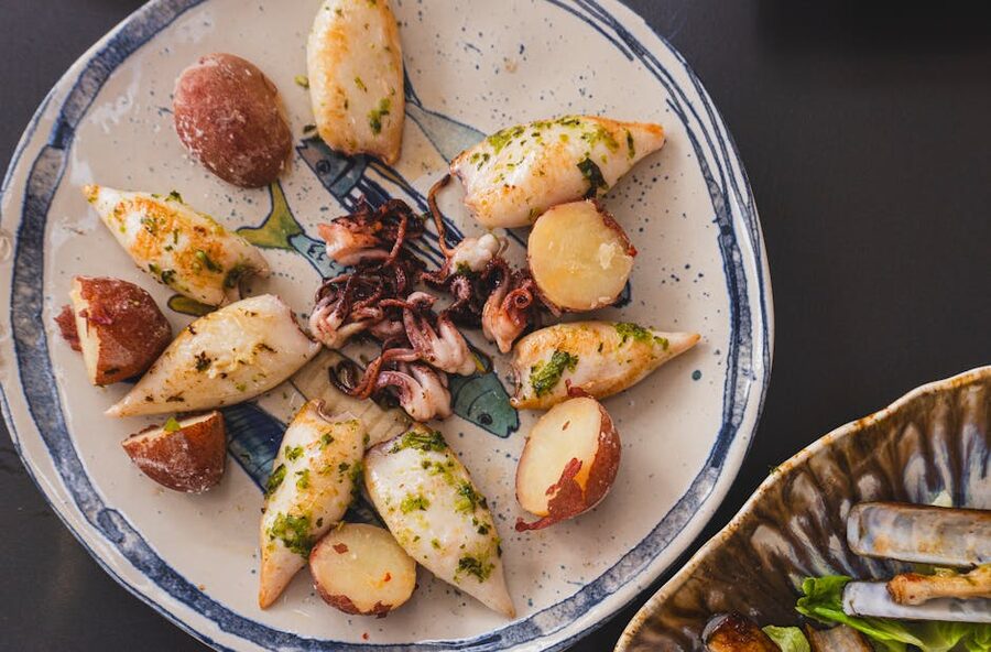 Grilled calamari and potatoes ceramic plate