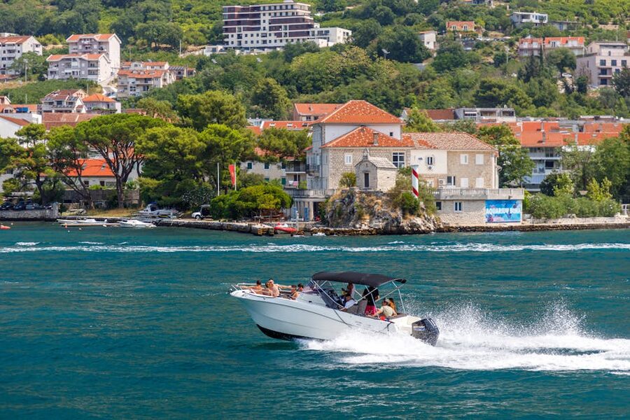 Speedboat racing along Adriatic coast Croatia