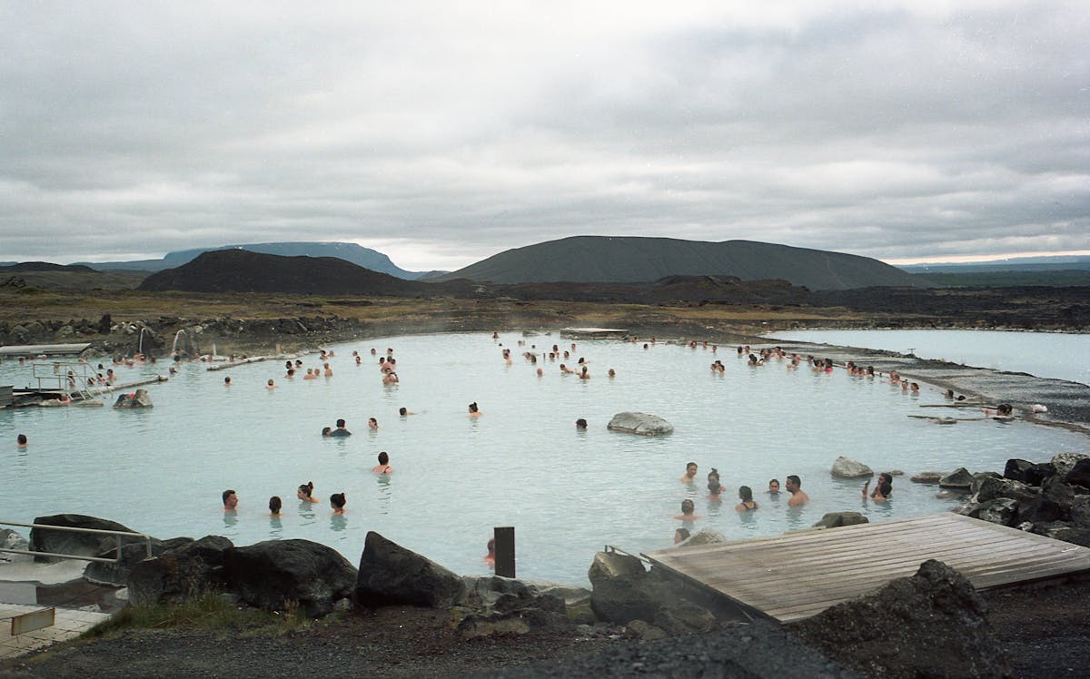 Visitors relaxing in the geothermal waters of the Blue Lagoon in Iceland