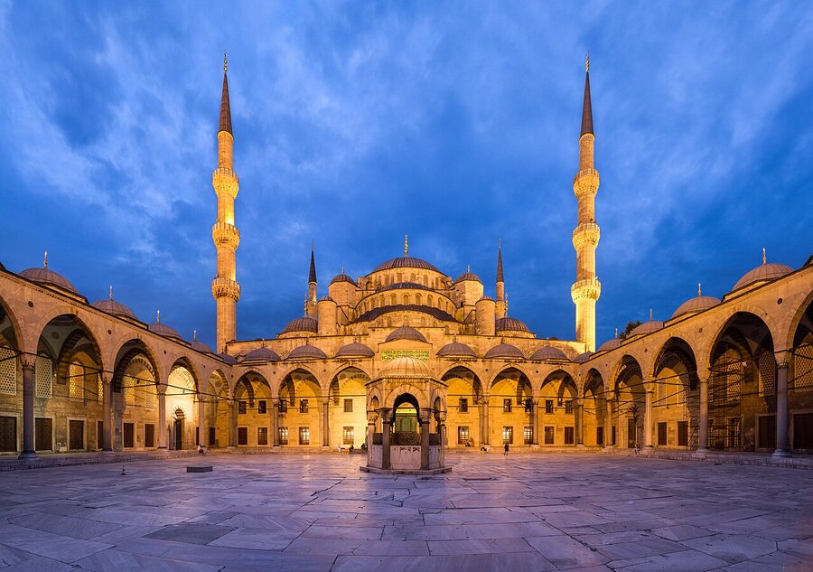 Blue Mosque courtyard at dusk