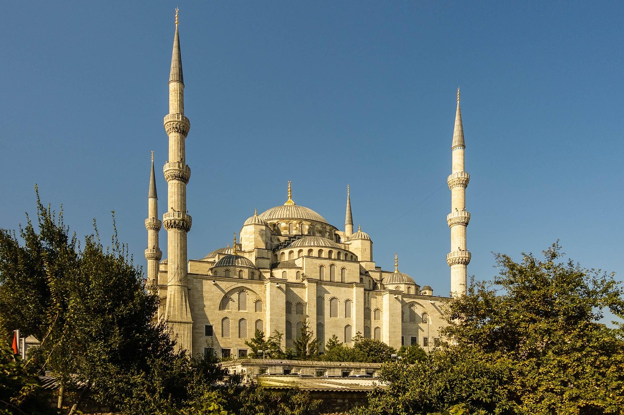 Blue Mosque in Istanbul seen from across the water with its distinctive six minarets