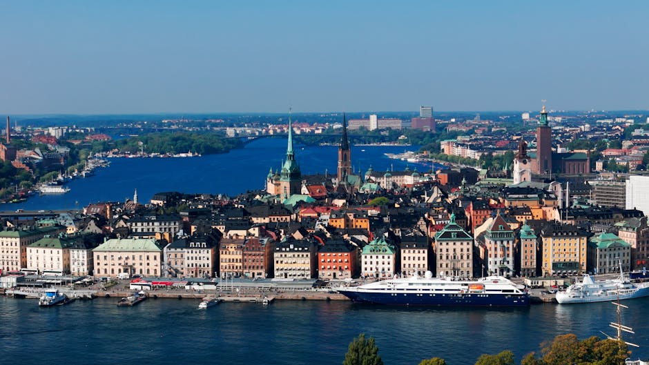 Aerial photograph of Stockholm showing islands connected by bridges