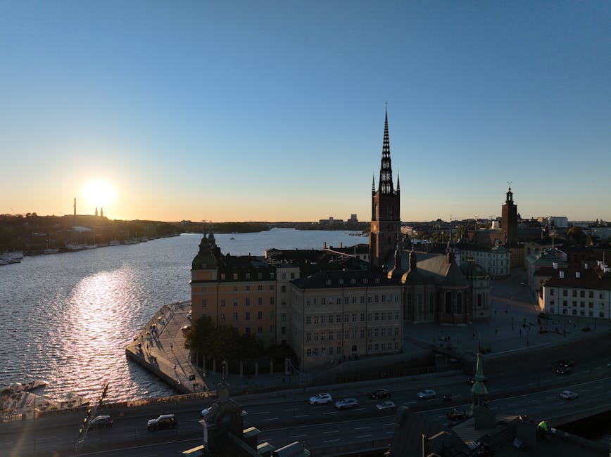 Sunset over Riddarholmen island in Stockholm