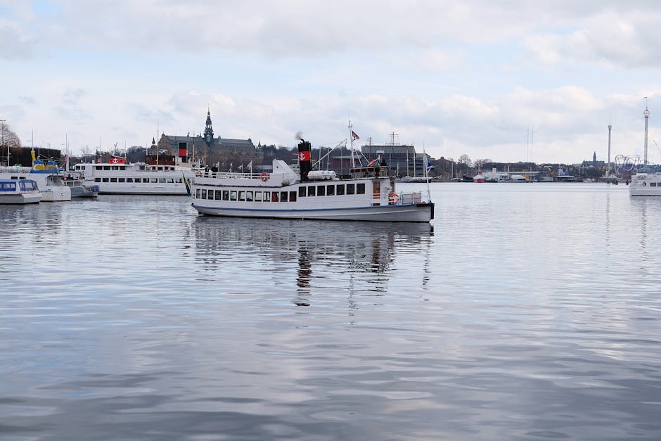Multiple vessels on the river in central Stockholm