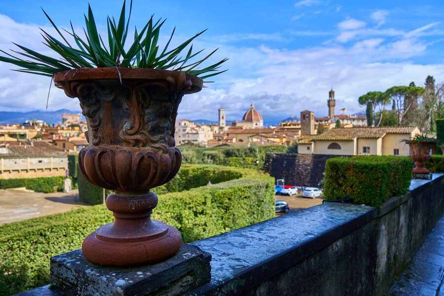 Florence skyline with terracotta rooftops and cathedral dome seen from Boboli Gardens