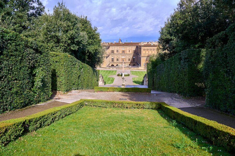 Overview of Boboli Gardens with Pitti Palace visible in the background surrounded by Italian Renaissance landscaping