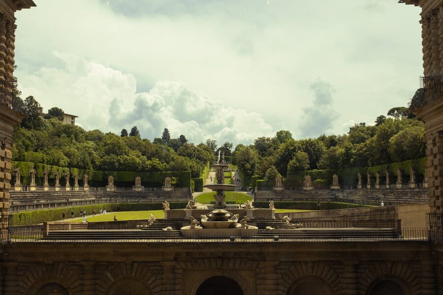 Panoramic view of Boboli Gardens from Pitti Palace in Florence showing formal hedgerows and Renaissance landscaping