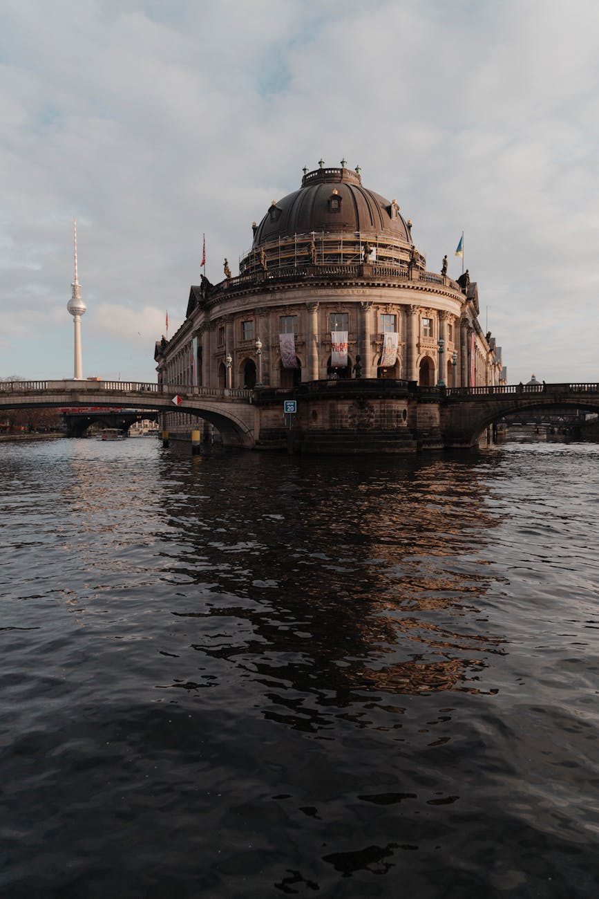 Bode Museum and the Berlin TV Tower reflected in the still waters of the Spree