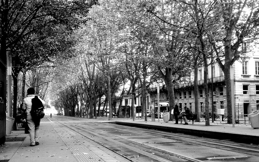 Bordeaux tram passing through city centre with classic French architecture
